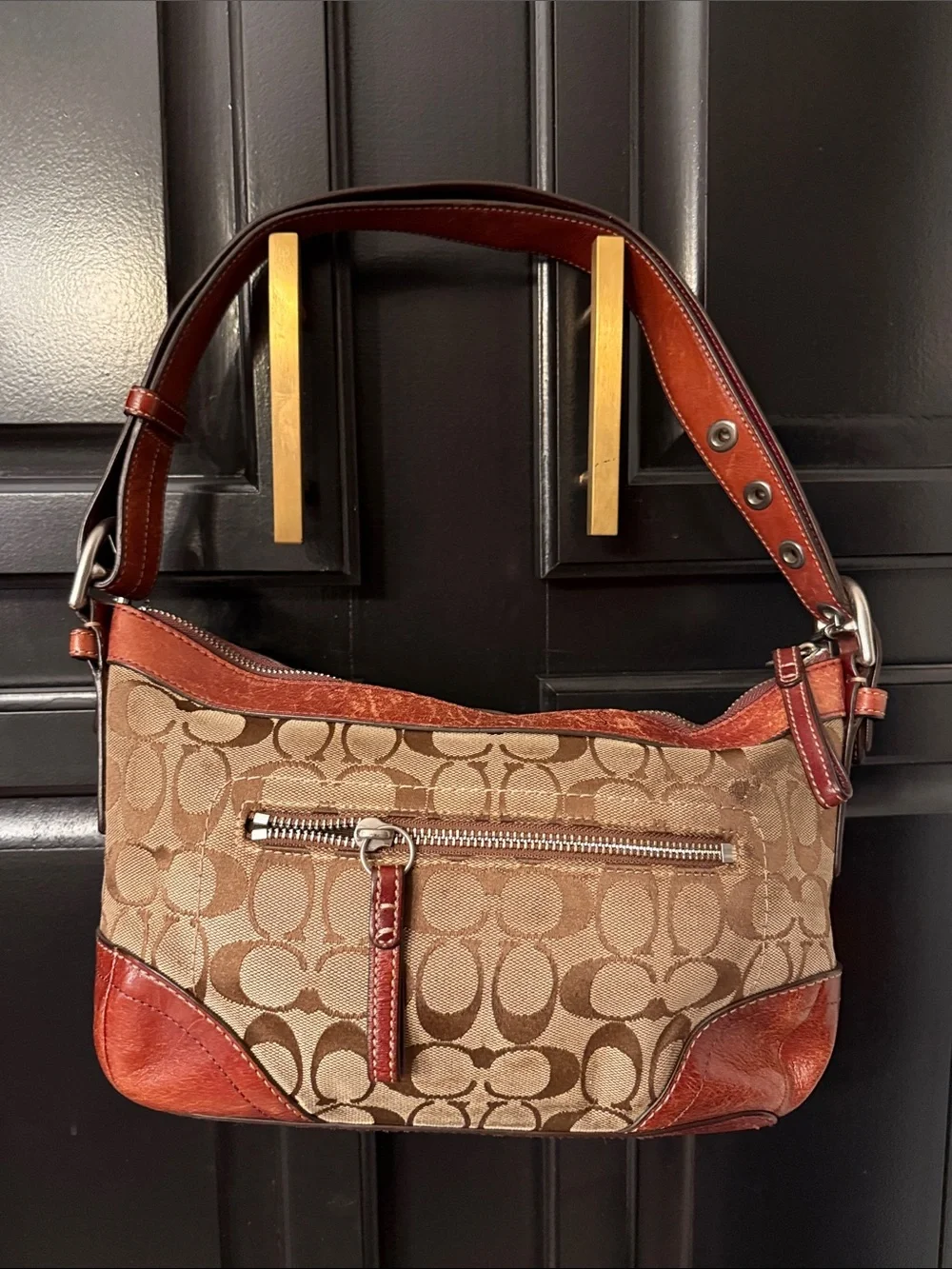 Coach 12328 Beige/Tan Signature Canvas Shoulder Bag with rust Leather Trim - Picture 2 of 9